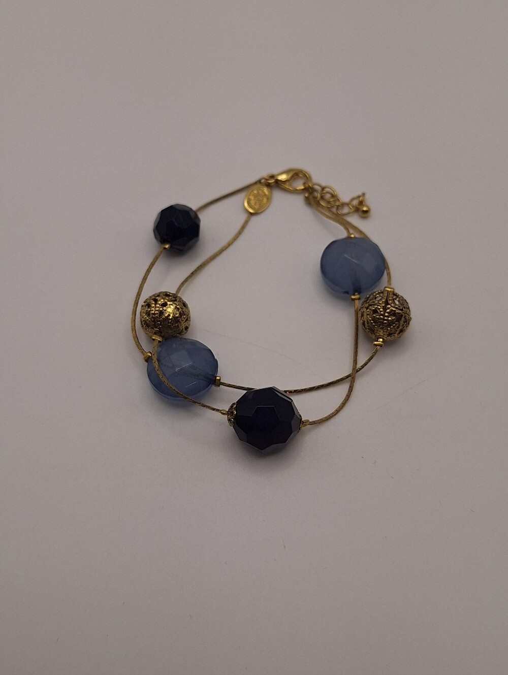 Blue Gold Tone Double Strand Beaded Bracelet Filigree Statement Adjustable